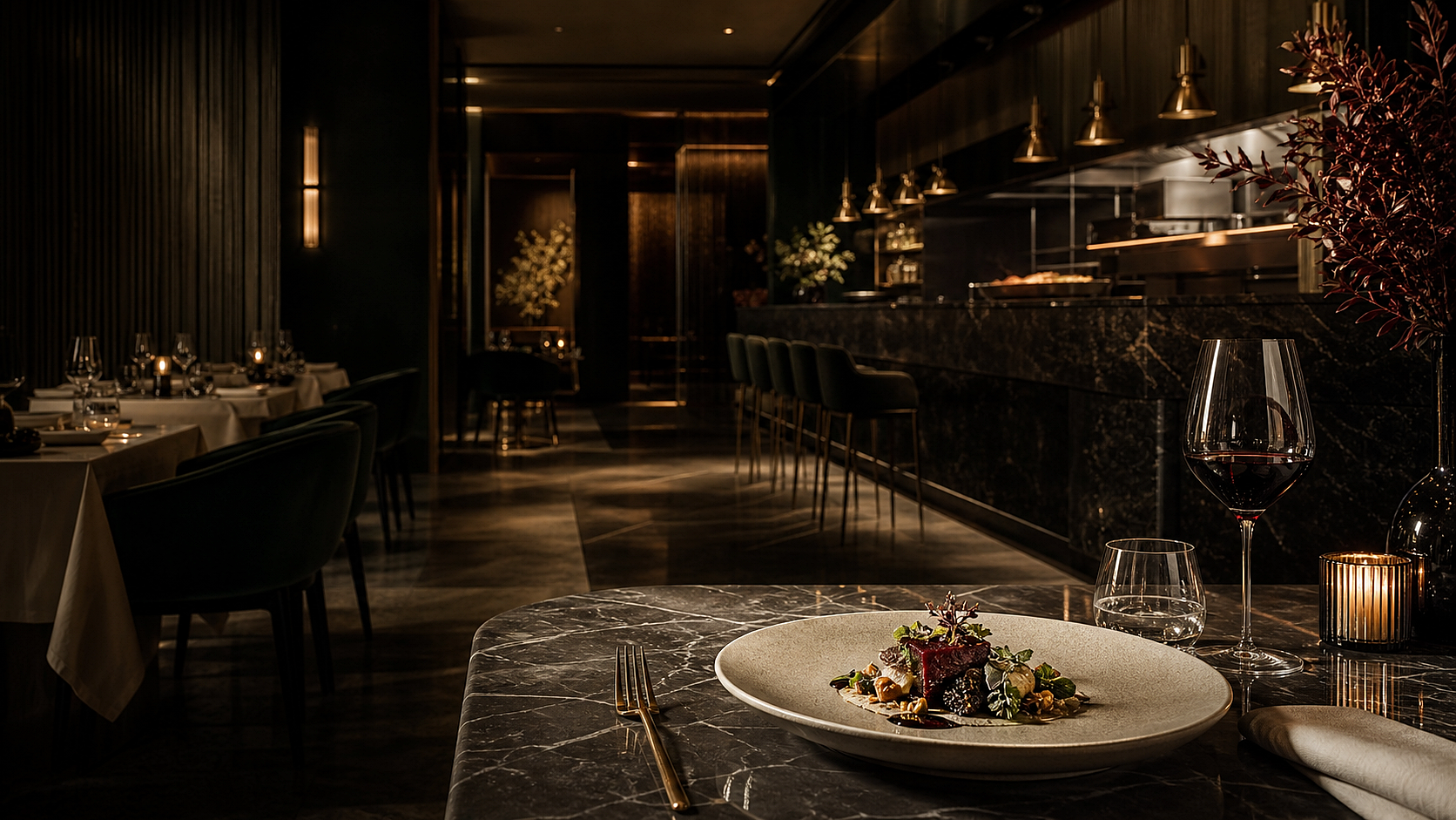 Eleganter Fine-Dining-Raum mit gedecktem Tisch und warmem Abendlicht