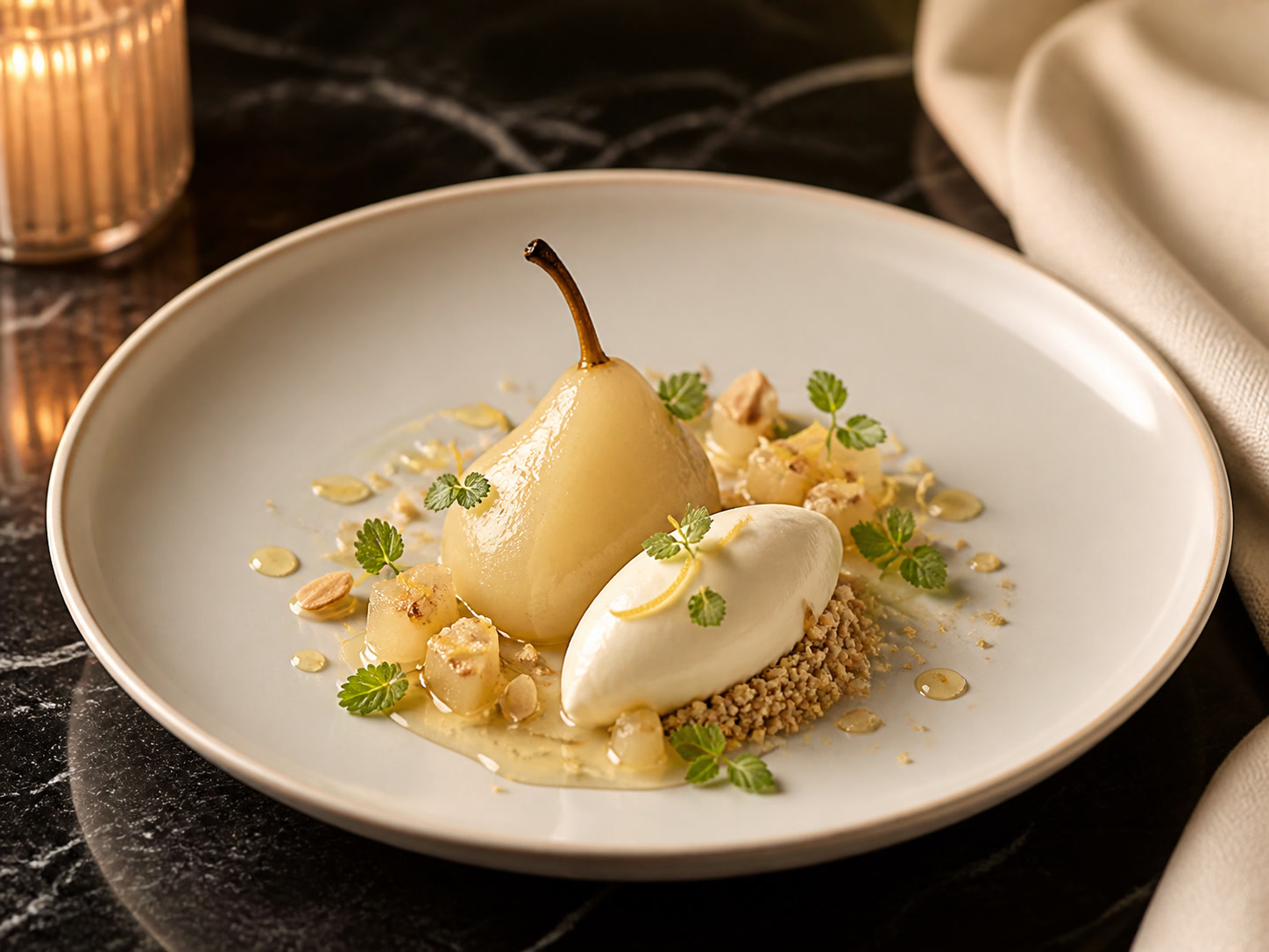 Birnen-Dessert mit Verveine, Honig, Mandel und Sauerrahm