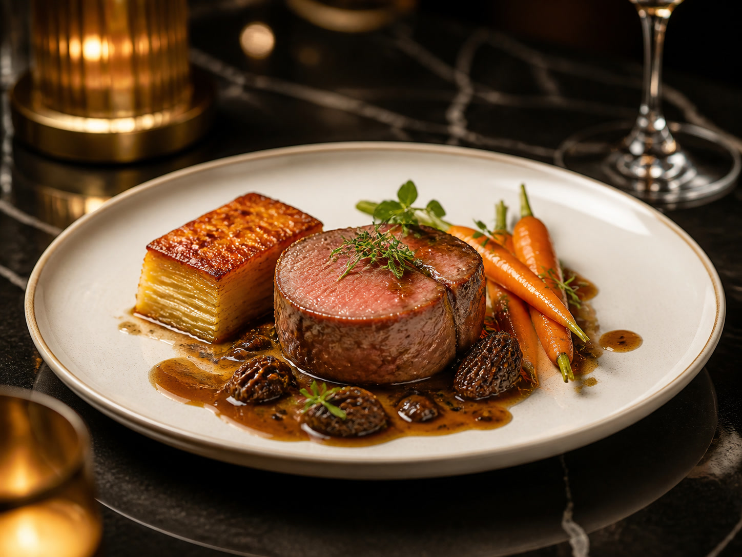 Kalbsfilet mit Morchel-Jus, junger Karotte und Kartoffel-Pave